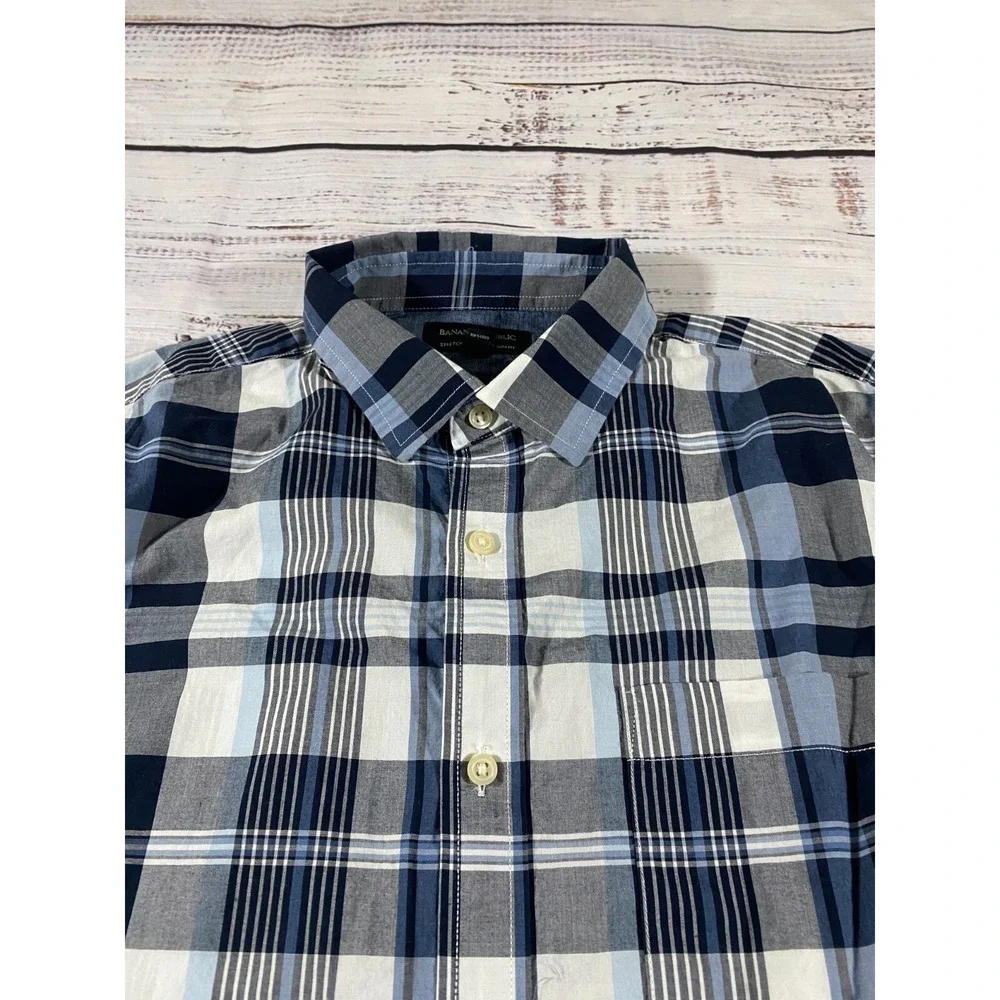 Banana Republic Multicolor Shirt Men's L Plaid Slim Fit Short Sleeve Button-Up
